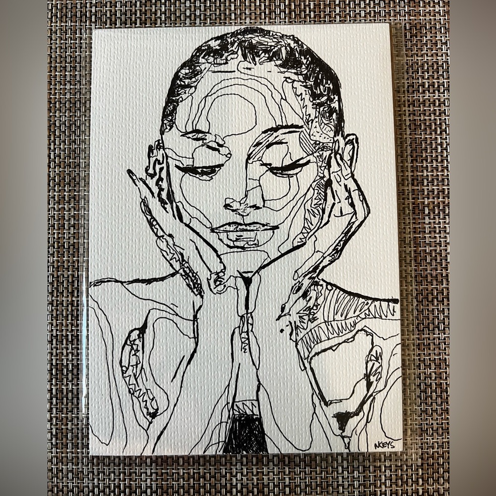 Ariana Grande Contemporary Black and White Line Art Original Pen 5x7in